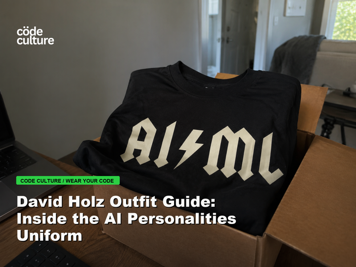 Code Culture blog banner for David Holz Outfit Guide: Inside the AI Personalities Uniform, featuring a aiml 100416 developer t-shirt.