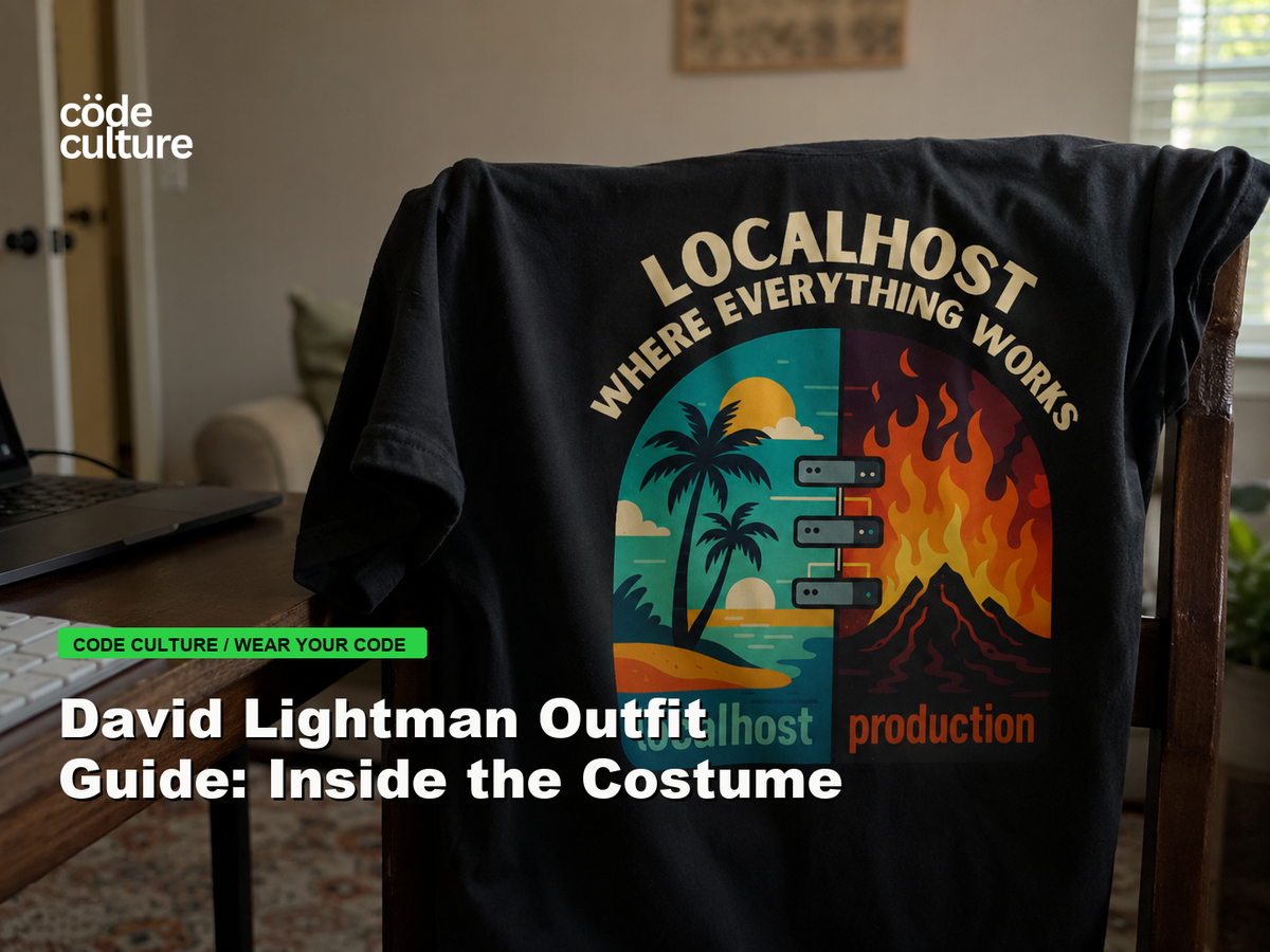 Code Culture blog banner for David Lightman Outfit Guide: Inside the Costume, featuring a localhost production developer t-shirt.