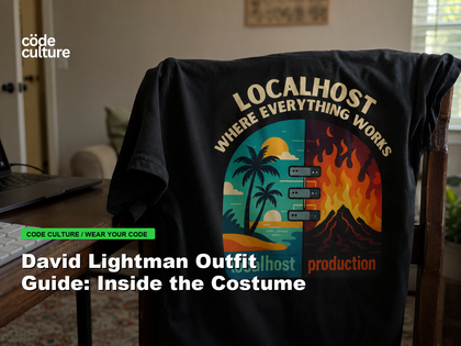 Code Culture blog banner for David Lightman Outfit Guide: Inside the Costume, featuring a localhost production developer t-shirt.