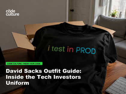 Code Culture blog banner for David Sacks Outfit Guide: Inside the Tech Investors Uniform, featuring a i test in prod developer t-shirt.