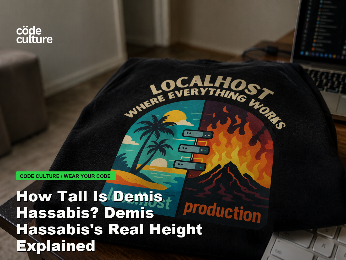 Code Culture blog banner for How Tall Is Demis Hassabis? Demis Hassabis's Real Height Explained, featuring a localhost production developer t-shirt.
