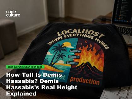 Code Culture blog banner for How Tall Is Demis Hassabis? Demis Hassabis's Real Height Explained, featuring a localhost production developer t-shirt.