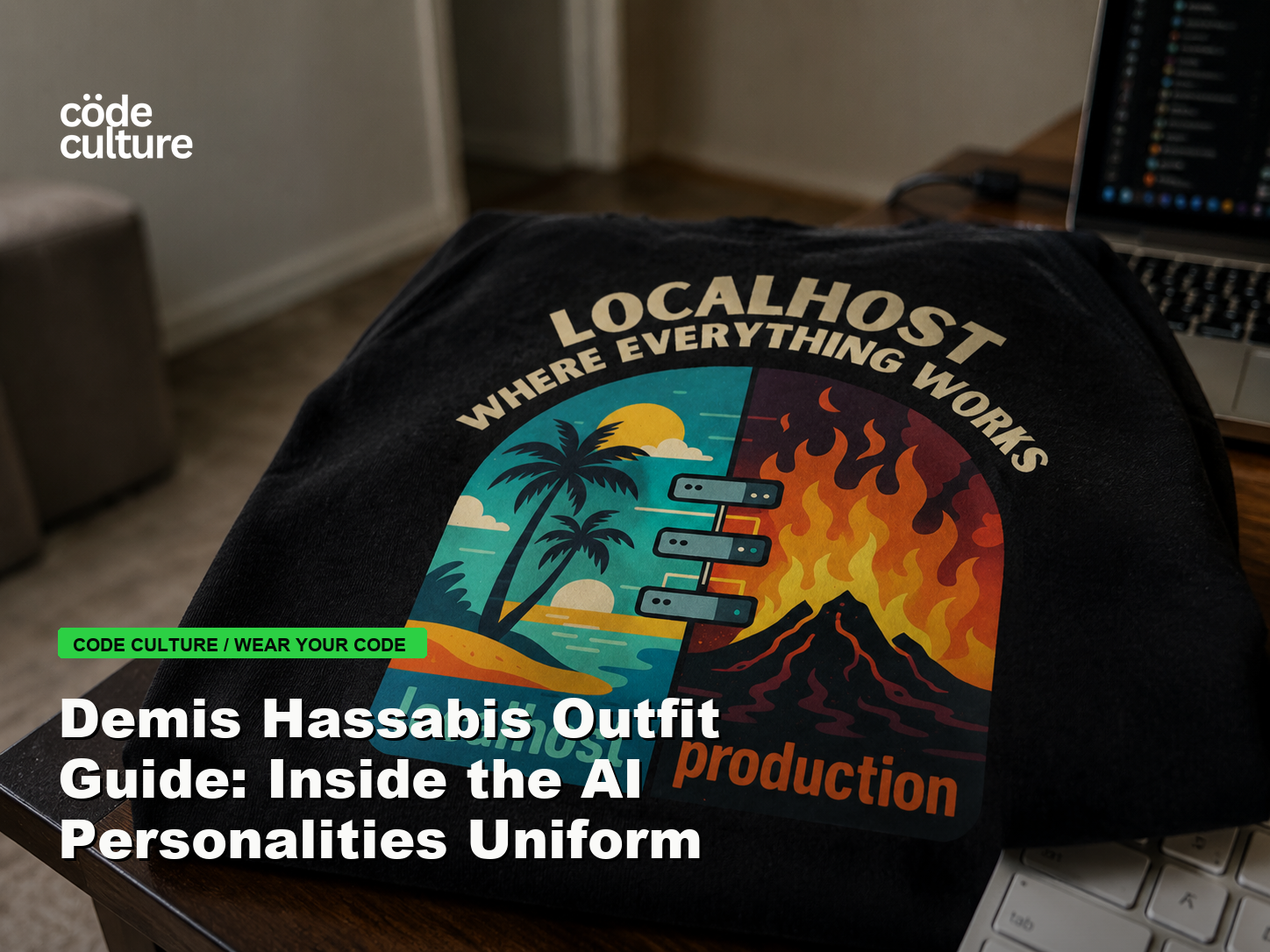 Code Culture blog banner for Demis Hassabis Outfit Guide: Inside the AI Personalities Uniform, featuring a localhost production developer t-shirt.