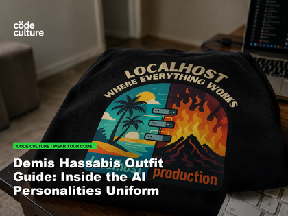 Code Culture blog banner for Demis Hassabis Outfit Guide: Inside the AI Personalities Uniform, featuring a localhost production developer t-shirt.