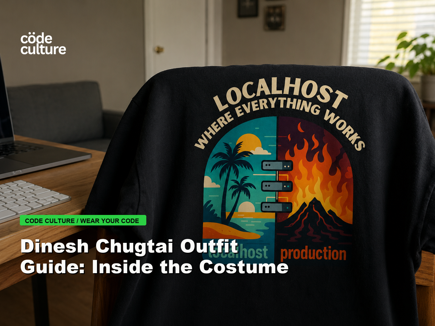 Code Culture blog banner for Dinesh Chugtai Outfit Guide: Inside the Costume, featuring a localhost production developer t-shirt.