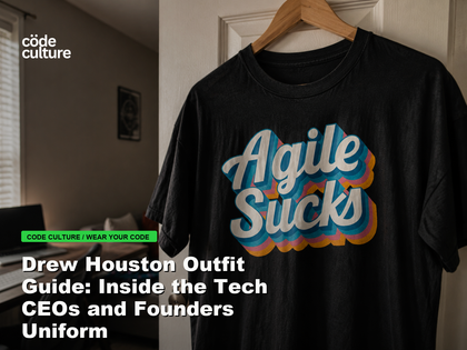 Code Culture blog banner for Drew Houston Outfit Guide: Inside the Tech CEOs and Founders Uniform, featuring a agile suck developer t-shirt.