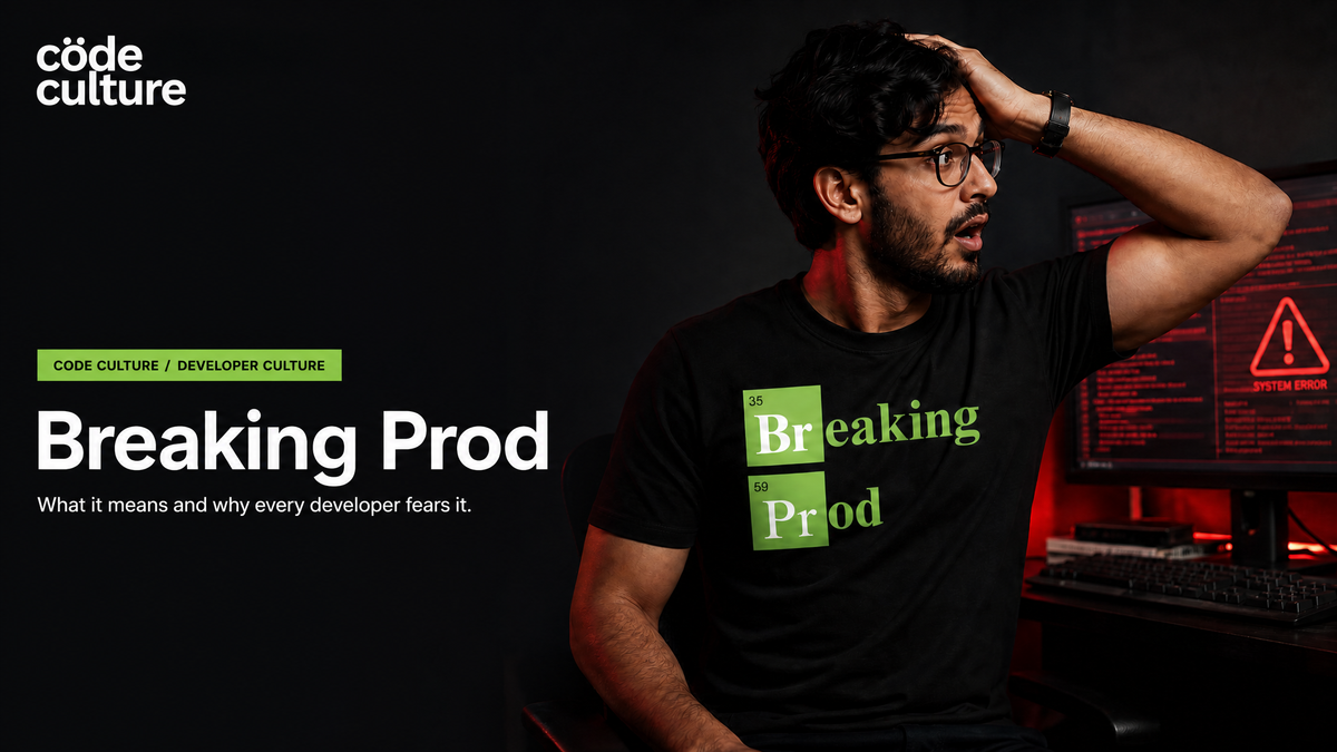 Breaking Prod meaning: developer wearing the Breaking Prod shirt beside a red error screen