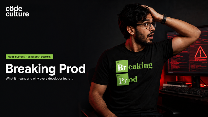 Breaking Prod meaning: developer wearing the Breaking Prod shirt beside a red error screen