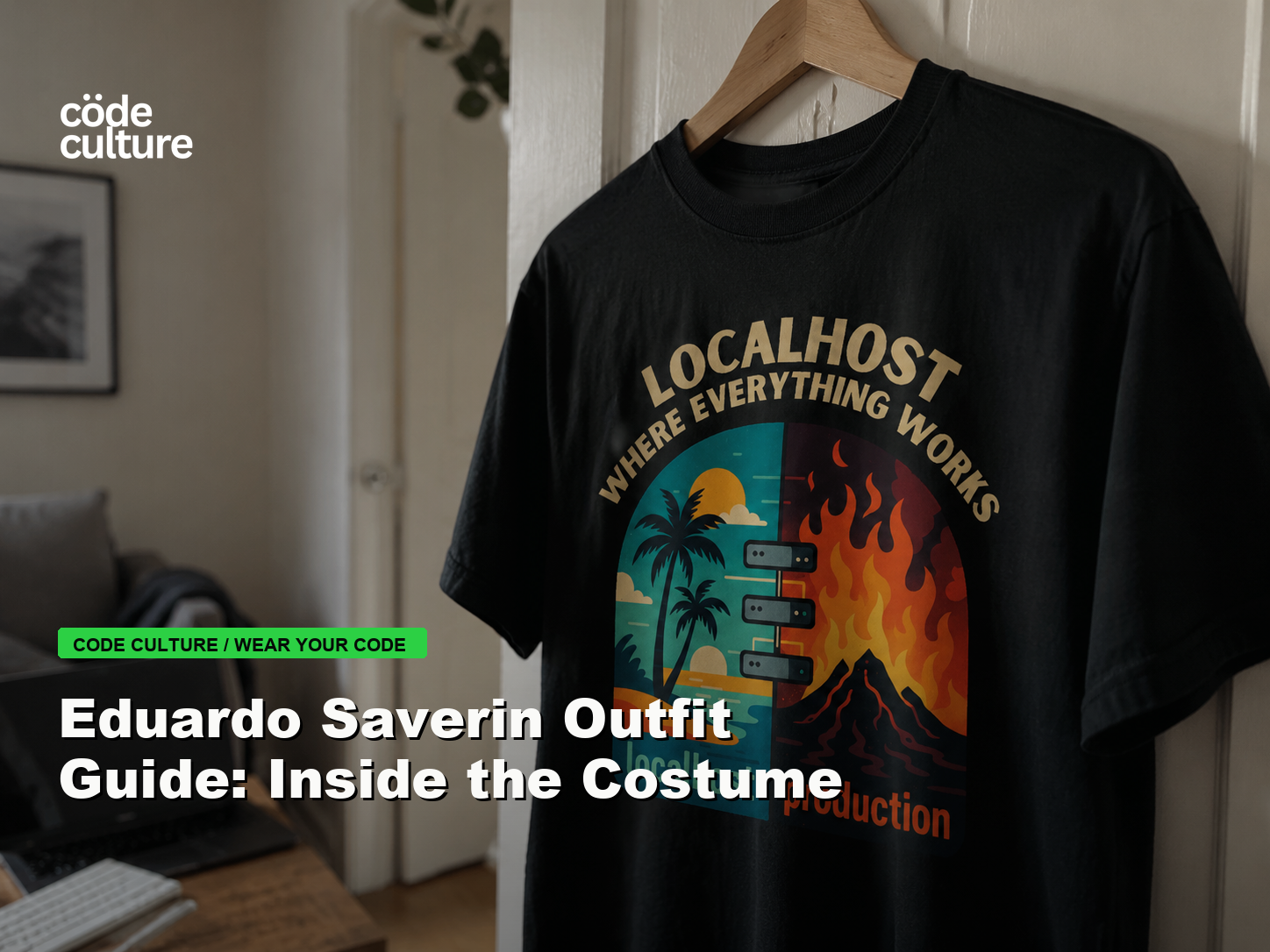 Code Culture blog banner for Eduardo Saverin Outfit Guide: Inside the Costume, featuring a localhost production developer t-shirt.