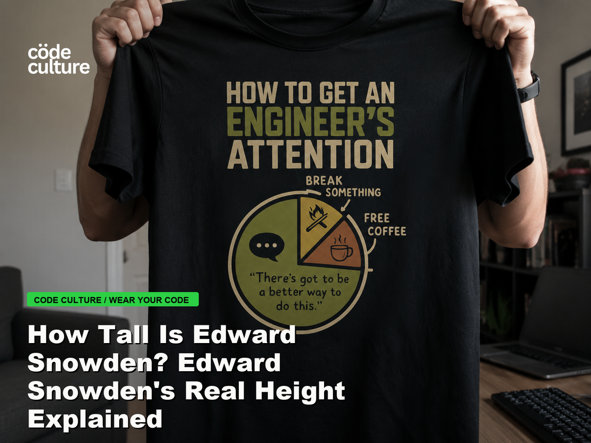 Code Culture blog banner for How Tall Is Edward Snowden? Edward Snowden's Real Height Explained, featuring a how to get an engineer attention developer t-shirt.