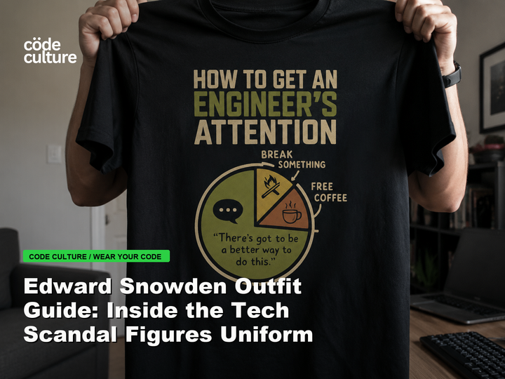 Code Culture blog banner for Edward Snowden Outfit Guide: Inside the Tech Scandal Figures Uniform, featuring a how to get an engineer attention developer t-shirt.