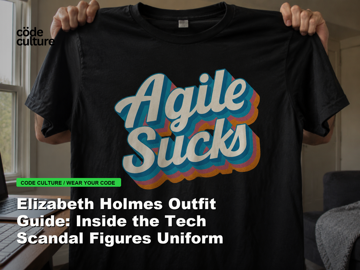 Code Culture blog banner for Elizabeth Holmes Outfit Guide: Inside the Tech Scandal Figures Uniform, featuring a agile suck developer t-shirt.