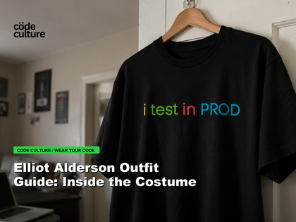 Code Culture blog banner for Elliot Alderson Outfit Guide: Inside the Costume, featuring a i test in prod developer t-shirt.