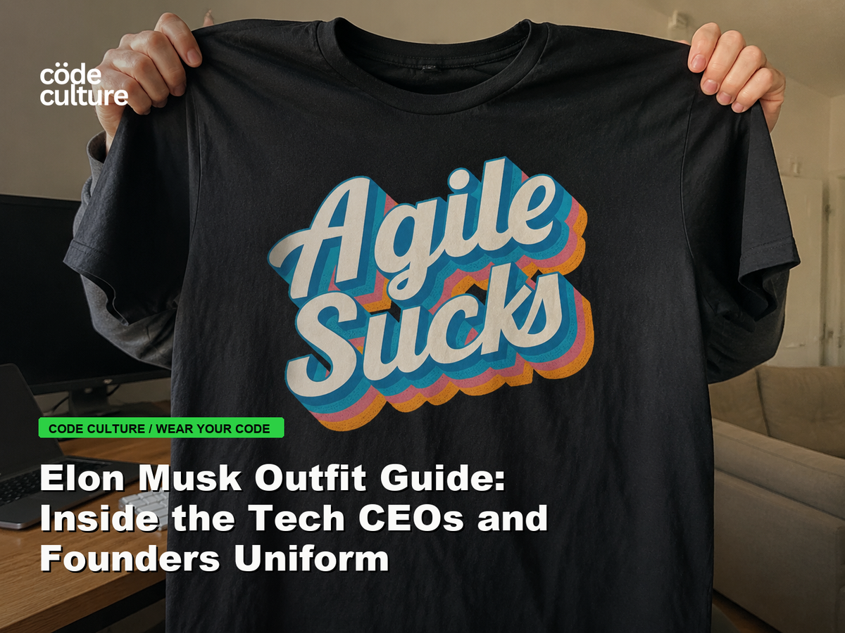 Code Culture blog banner for Elon Musk Outfit Guide: Inside the Tech CEOs and Founders Uniform, featuring a agile suck developer t-shirt.