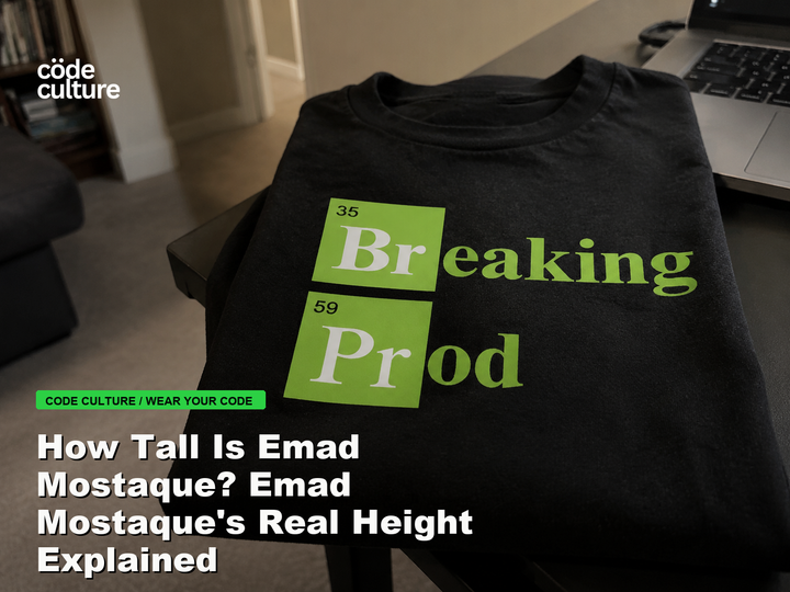 Code Culture blog banner for How Tall Is Emad Mostaque? Emad Mostaque's Real Height Explained, featuring a 35 breaking 59 prod developer t-shirt.