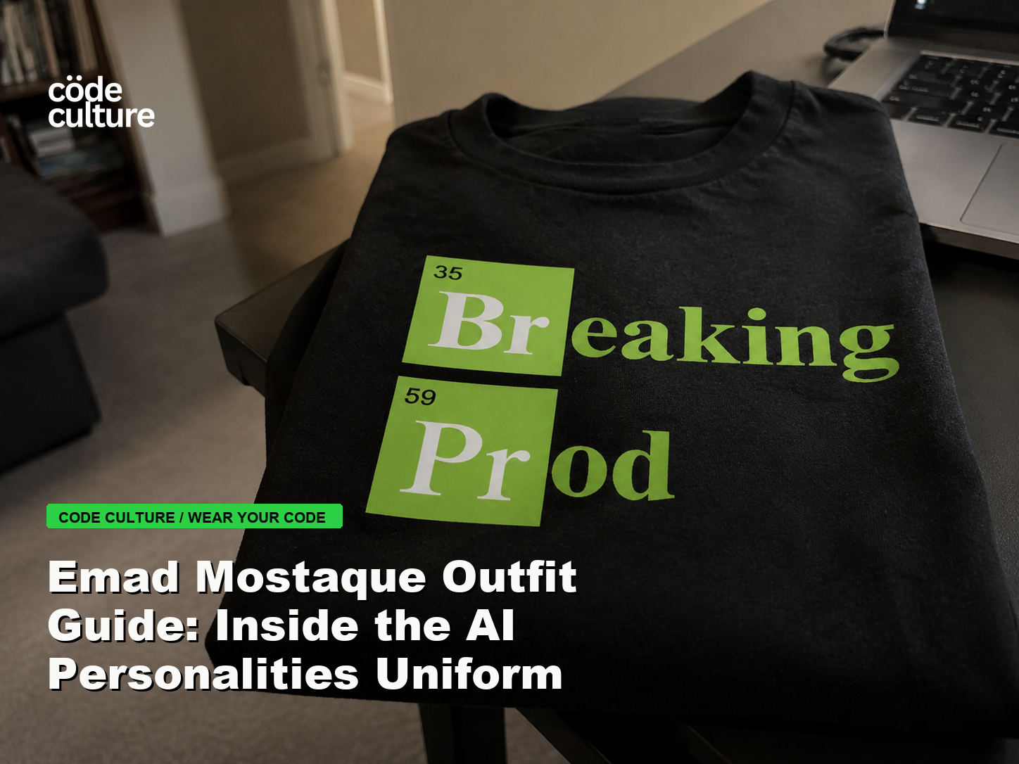 Code Culture blog banner for Emad Mostaque Outfit Guide: Inside the AI Personalities Uniform, featuring a 35 breaking 59 prod developer t-shirt.