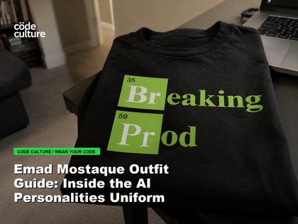Code Culture blog banner for Emad Mostaque Outfit Guide: Inside the AI Personalities Uniform, featuring a 35 breaking 59 prod developer t-shirt.