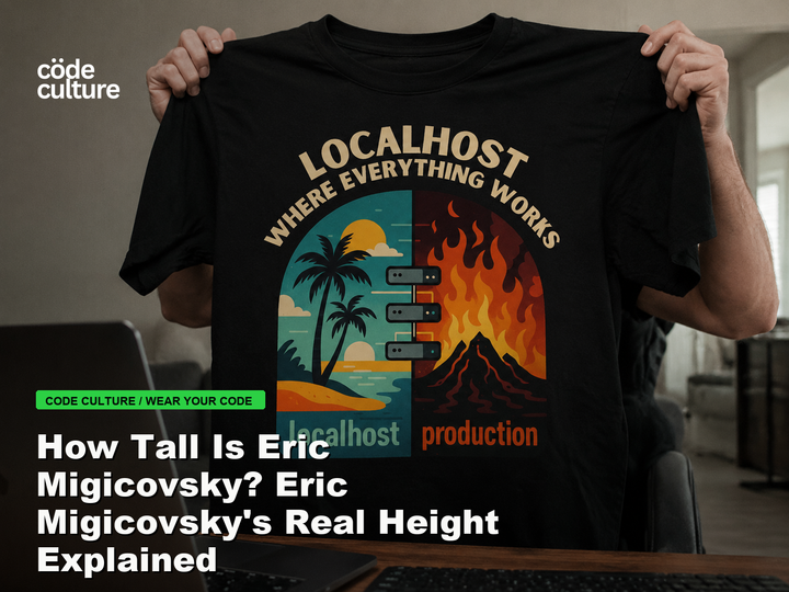 Code Culture blog banner for How Tall Is Eric Migicovsky? Eric Migicovsky's Real Height Explained, featuring a localhost production developer t-shirt.