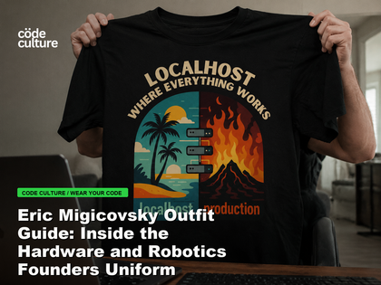 Code Culture blog banner for Eric Migicovsky Outfit Guide: Inside the Hardware and Robotics Founders Uniform, featuring a localhost production developer t-shirt.