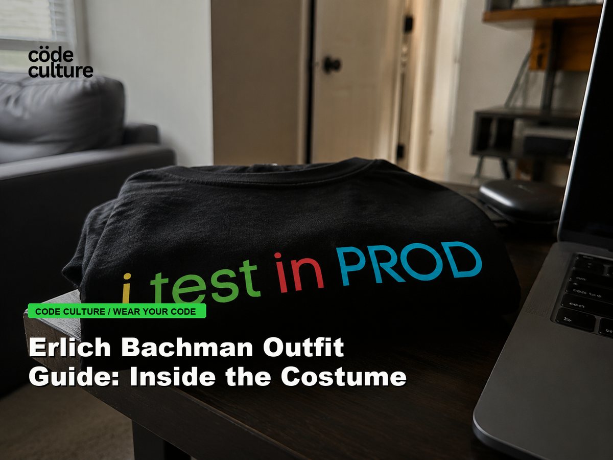 Code Culture blog banner for Erlich Bachman Outfit Guide: Inside the Costume, featuring a i test in prod developer t-shirt.