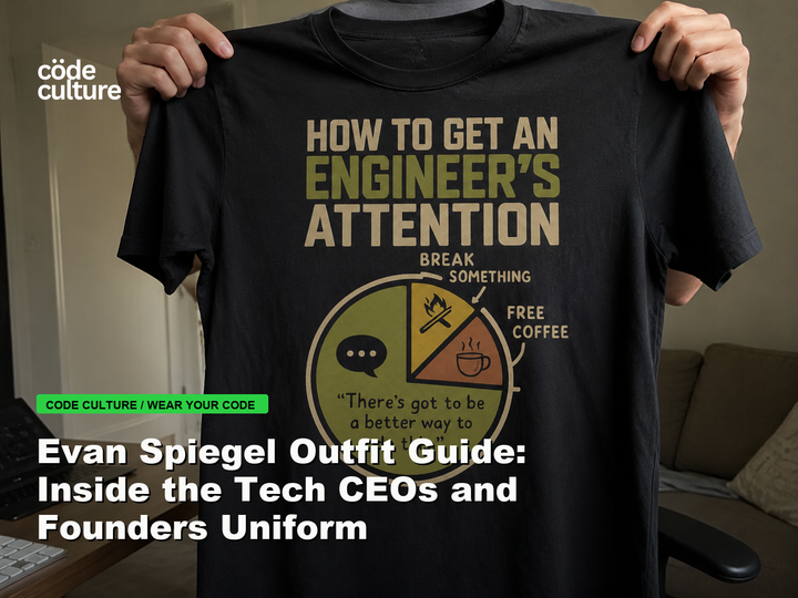 Code Culture blog banner for Evan Spiegel Outfit Guide: Inside the Tech CEOs and Founders Uniform, featuring a how to get an engineer attention developer t-shirt.
