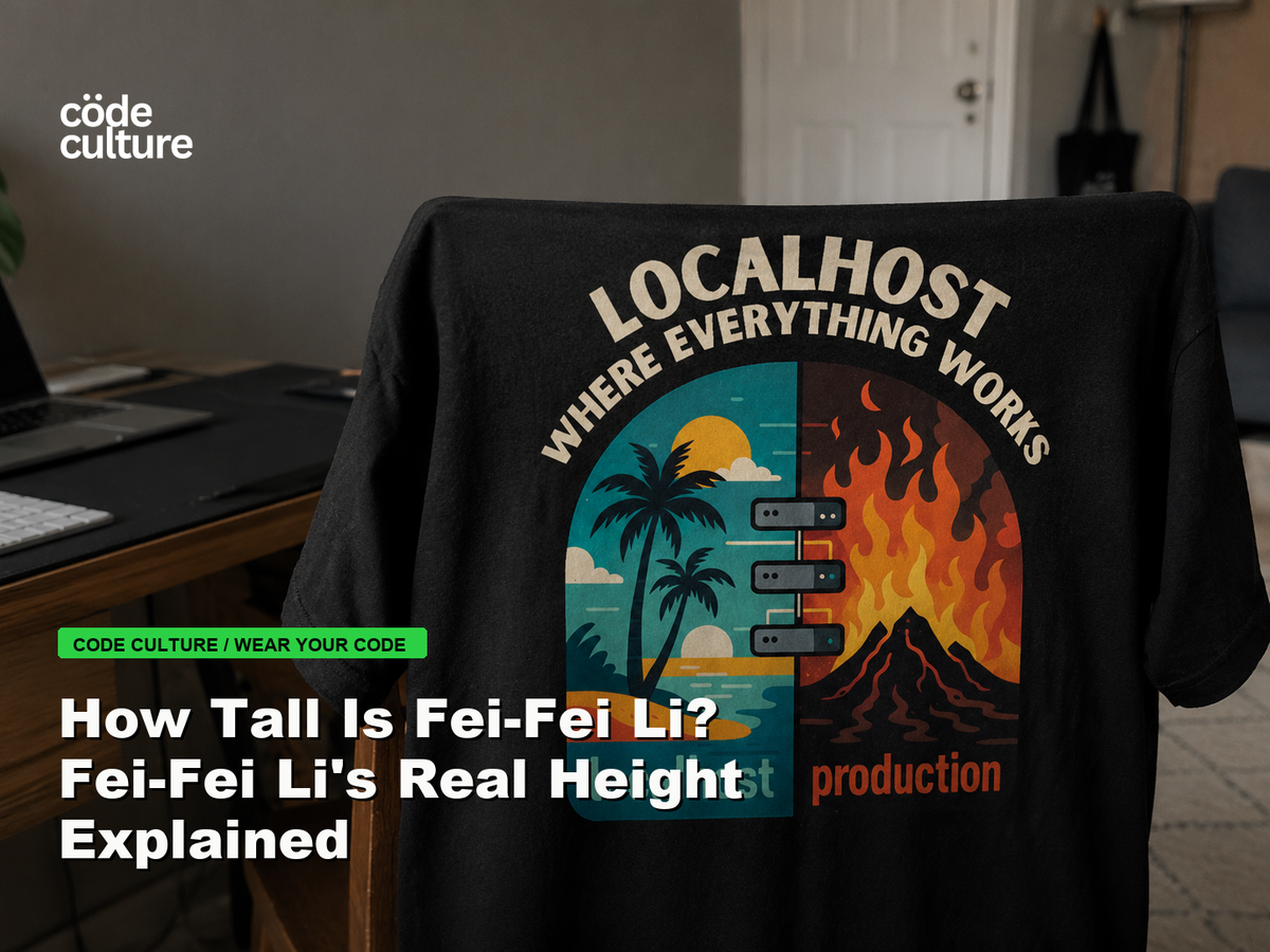 Code Culture blog banner for How Tall Is Fei-Fei Li? Fei-Fei Li's Real Height Explained, featuring a localhost production developer t-shirt.