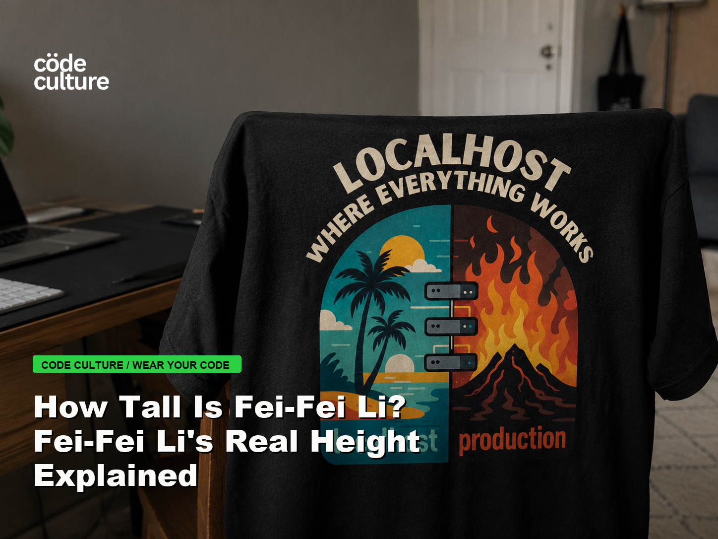 Code Culture blog banner for How Tall Is Fei-Fei Li? Fei-Fei Li's Real Height Explained, featuring a localhost production developer t-shirt.