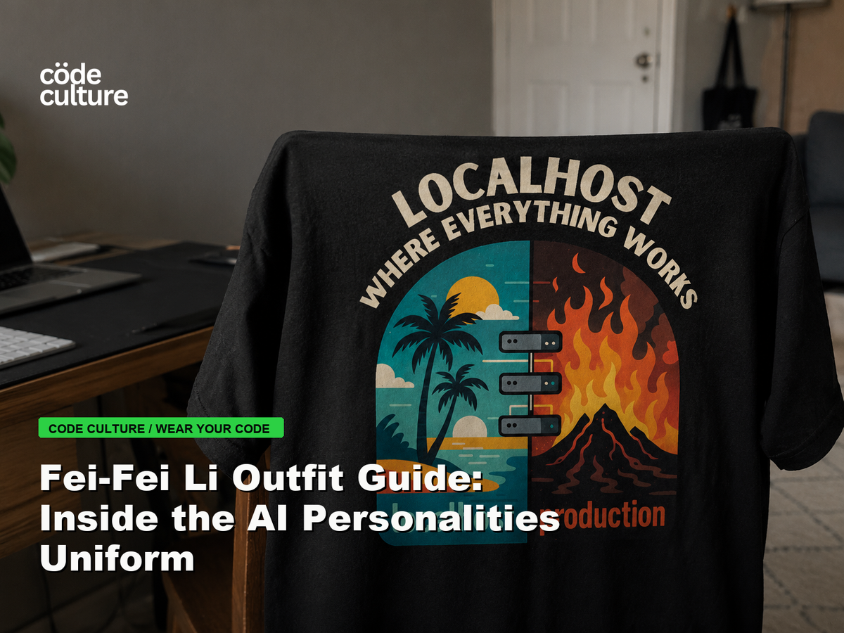 Code Culture blog banner for Fei-Fei Li Outfit Guide: Inside the AI Personalities Uniform, featuring a localhost production developer t-shirt.