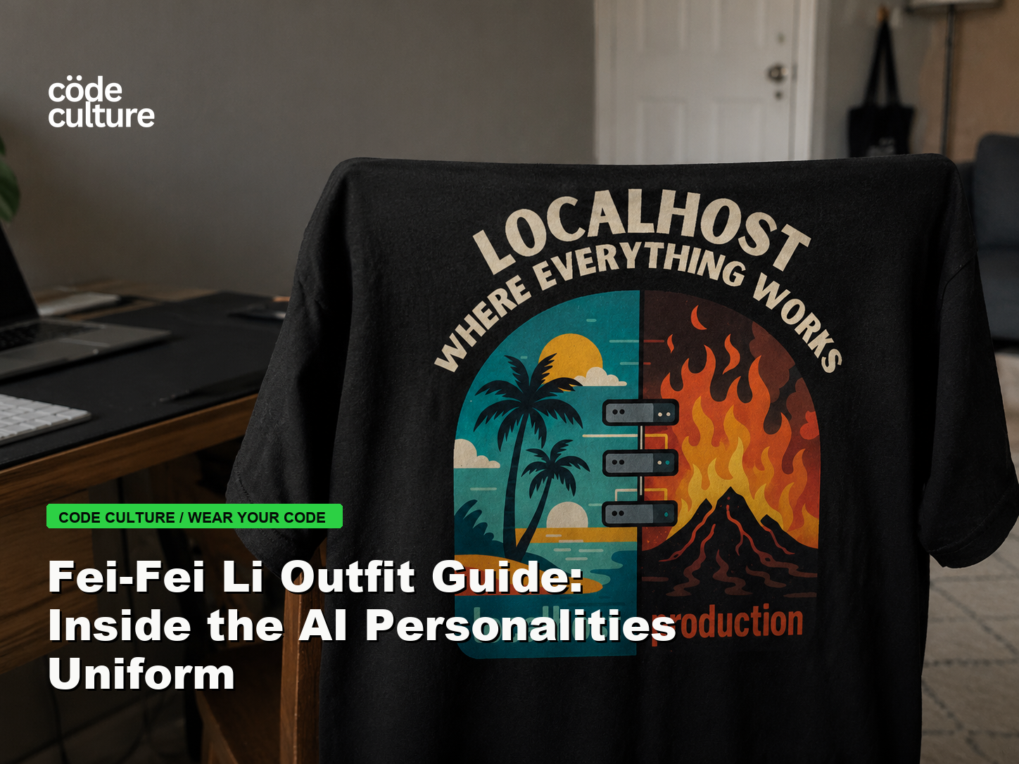 Code Culture blog banner for Fei-Fei Li Outfit Guide: Inside the AI Personalities Uniform, featuring a localhost production developer t-shirt.