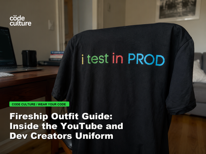 Code Culture blog banner for Fireship Outfit Guide: Inside the YouTube and Dev Creators Uniform, featuring a i test in prod developer t-shirt.