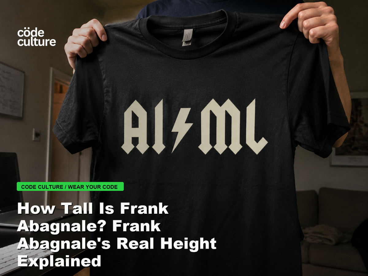 Code Culture blog banner for How Tall Is Frank Abagnale? Frank Abagnale's Real Height Explained, featuring a aiml 100416 developer t-shirt.