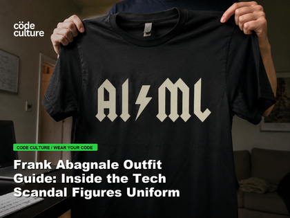Code Culture blog banner for Frank Abagnale Outfit Guide: Inside the Tech Scandal Figures Uniform, featuring a aiml 100416 developer t-shirt.