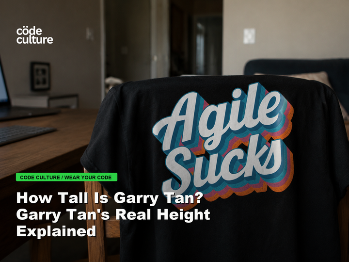 Code Culture blog banner for How Tall Is Garry Tan? Garry Tan's Real Height Explained, featuring a agile suck developer t-shirt.