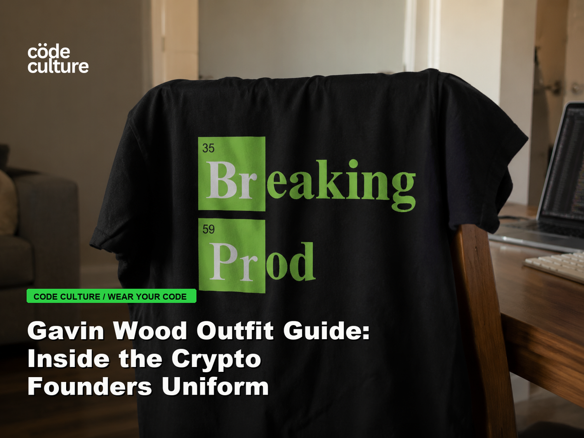 Code Culture blog banner for Gavin Wood Outfit Guide: Inside the Crypto Founders Uniform, featuring a 35 breaking 59 prod developer t-shirt.