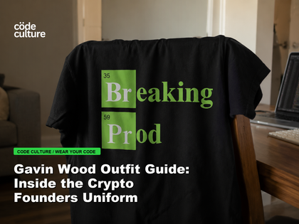 Code Culture blog banner for Gavin Wood Outfit Guide: Inside the Crypto Founders Uniform, featuring a 35 breaking 59 prod developer t-shirt.
