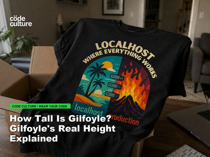 Code Culture blog banner for How Tall Is Gilfoyle? Gilfoyle's Real Height Explained, featuring a localhost production developer t-shirt.