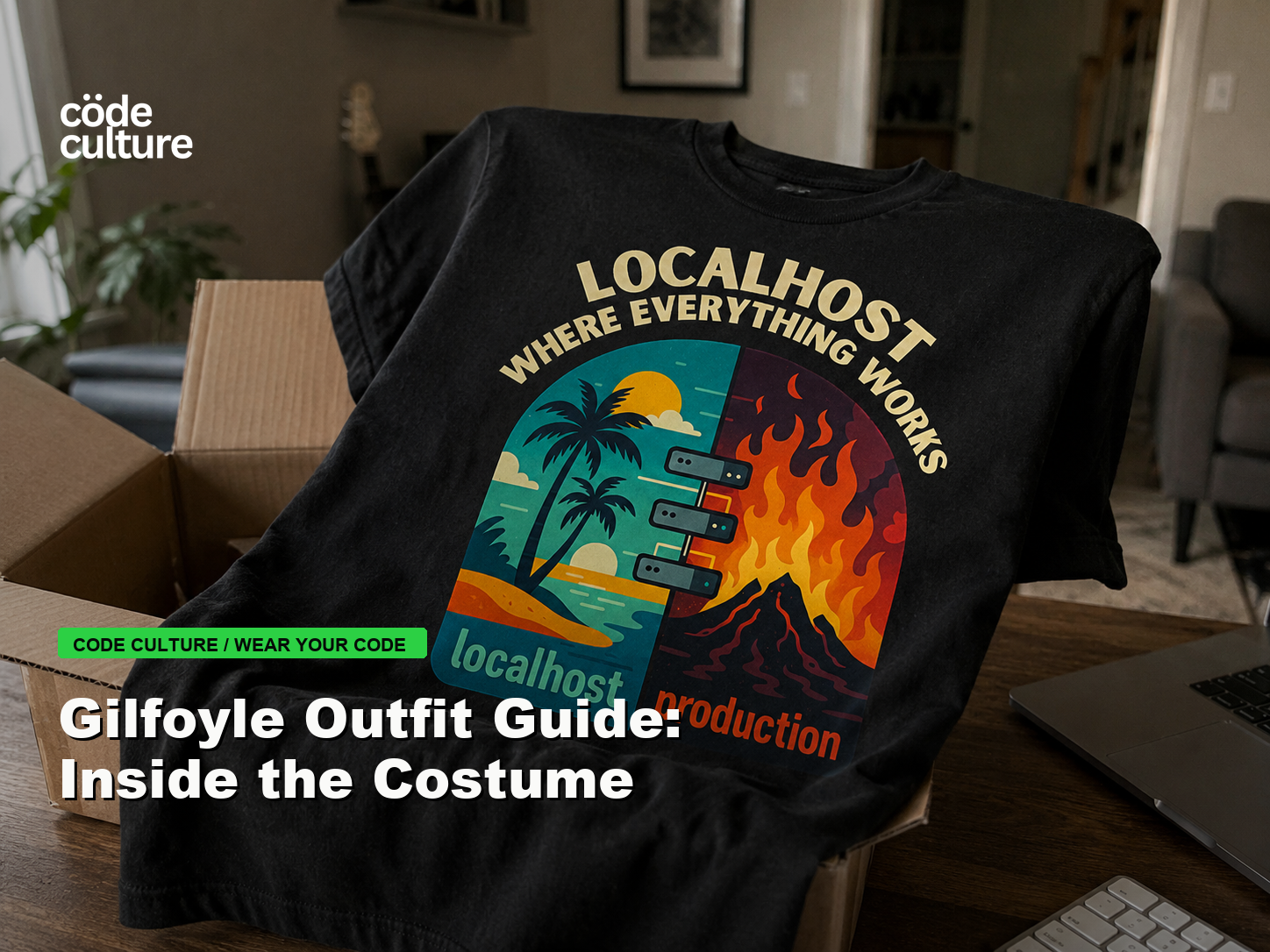 Code Culture blog banner for Gilfoyle Outfit Guide: Inside the Costume, featuring a localhost production developer t-shirt.