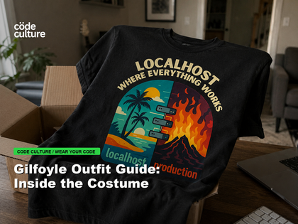 Code Culture blog banner for Gilfoyle Outfit Guide: Inside the Costume, featuring a localhost production developer t-shirt.