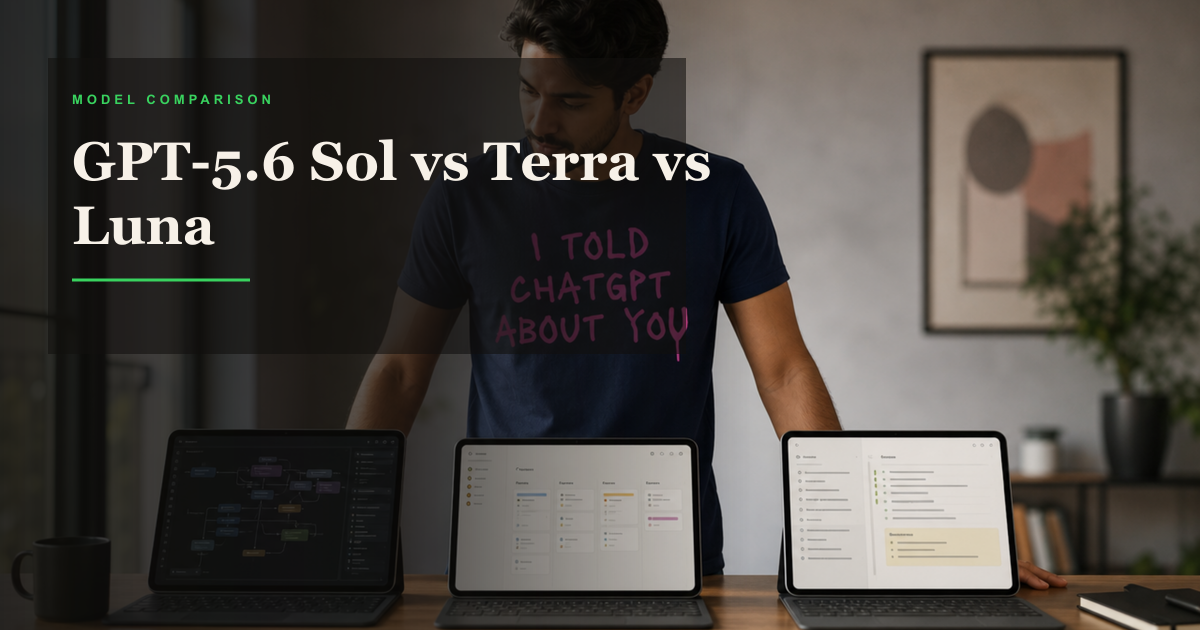 Person in a ChatGPT shirt comparing Sol Terra and Luna model workflows on three screens