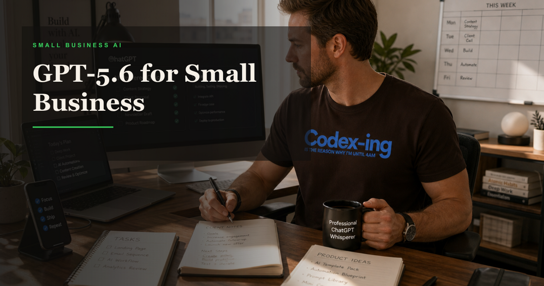 Small business owner wearing a Codex shirt planning AI-powered office workflows