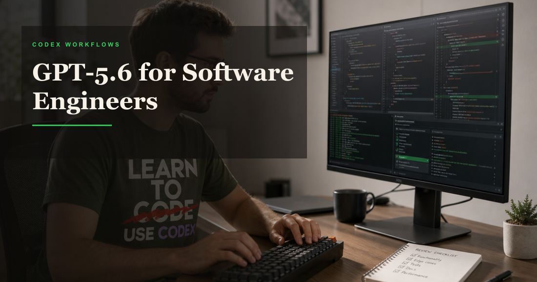 Software engineer wearing a Codex shirt reviewing code and tests on a large monitor