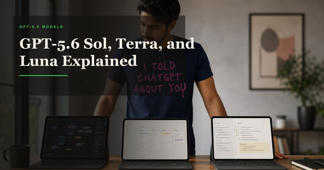 Founder wearing a ChatGPT shirt comparing GPT-5.6 Sol Terra and Luna across tablets