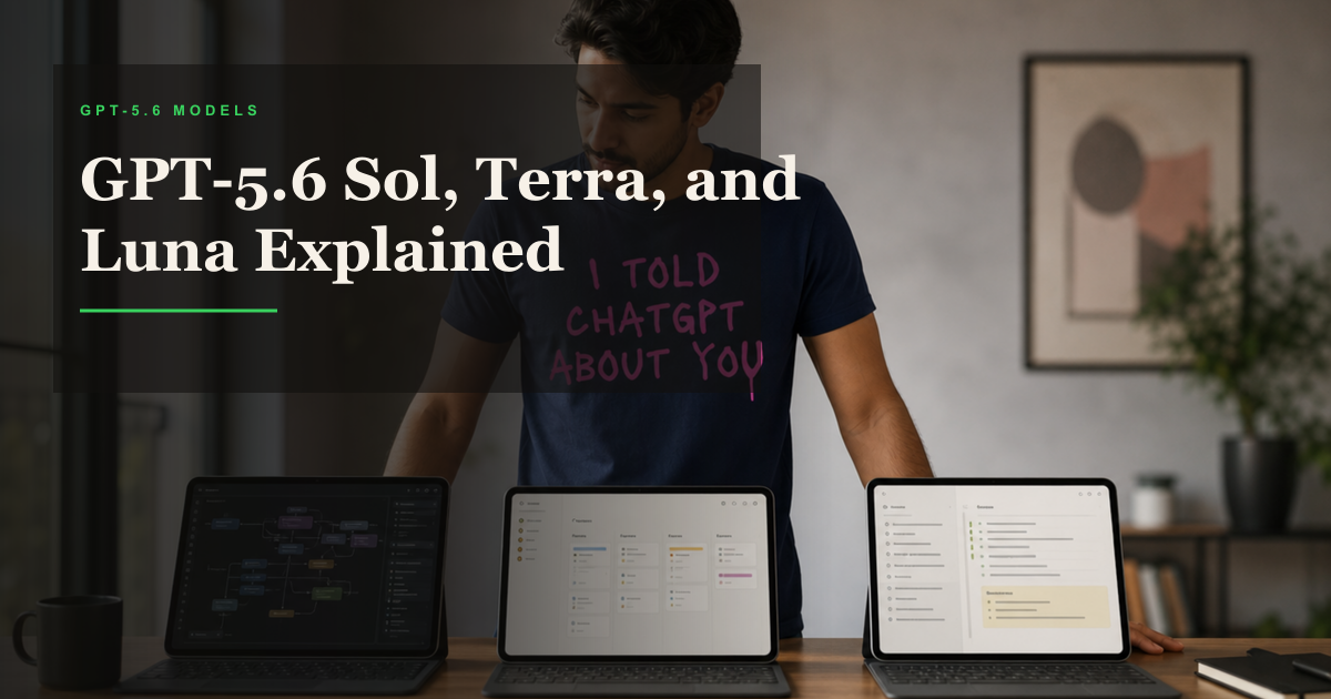 Founder wearing a ChatGPT shirt comparing GPT-5.6 Sol Terra and Luna across tablets
