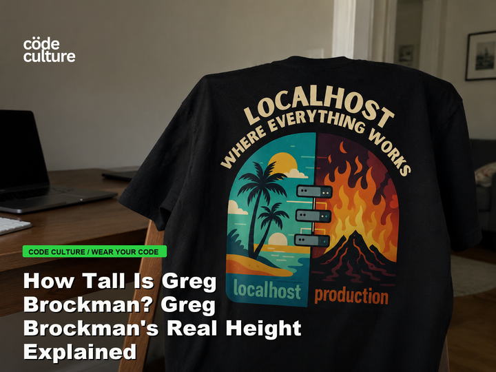Code Culture blog banner for How Tall Is Greg Brockman? Greg Brockman's Real Height Explained, featuring a localhost production developer t-shirt.