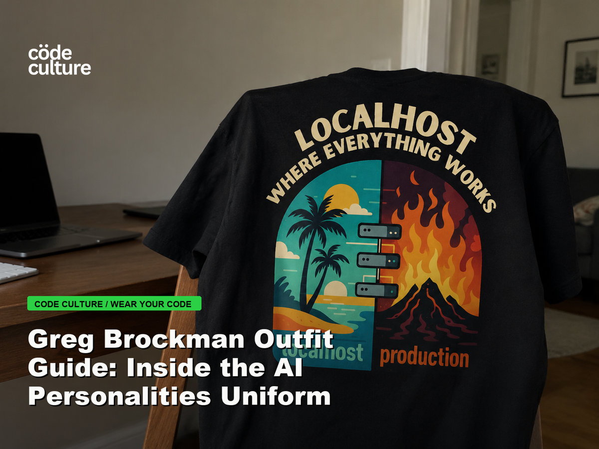 Code Culture blog banner for Greg Brockman Outfit Guide: Inside the AI Personalities Uniform, featuring a localhost production developer t-shirt.