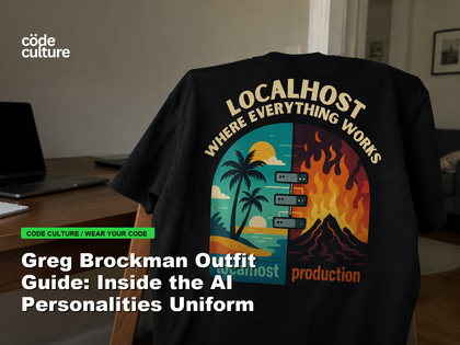 Code Culture blog banner for Greg Brockman Outfit Guide: Inside the AI Personalities Uniform, featuring a localhost production developer t-shirt.