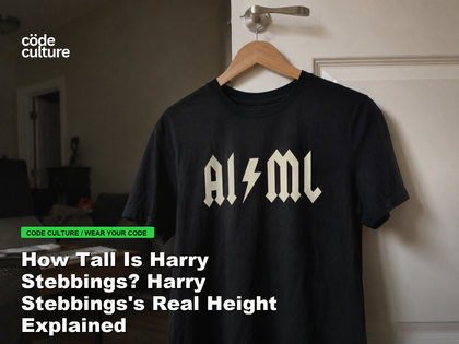 Code Culture blog banner for How Tall Is Harry Stebbings? Harry Stebbings's Real Height Explained, featuring a aiml 100416 developer t-shirt.