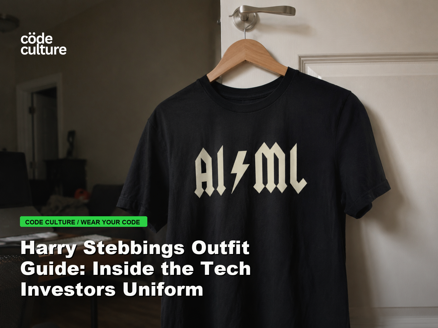 Code Culture blog banner for Harry Stebbings Outfit Guide: Inside the Tech Investors Uniform, featuring a aiml 100416 developer t-shirt.
