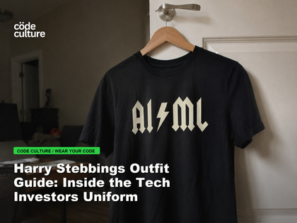 Code Culture blog banner for Harry Stebbings Outfit Guide: Inside the Tech Investors Uniform, featuring a aiml 100416 developer t-shirt.