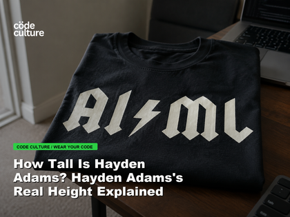 Code Culture blog banner for How Tall Is Hayden Adams? Hayden Adams's Real Height Explained, featuring a aiml 100416 developer t-shirt.